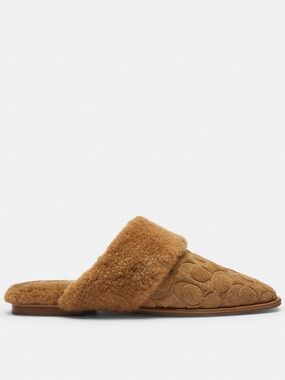New🧸Coach Sherpa Flat Mule Shoes In Signature Tobacco Suede